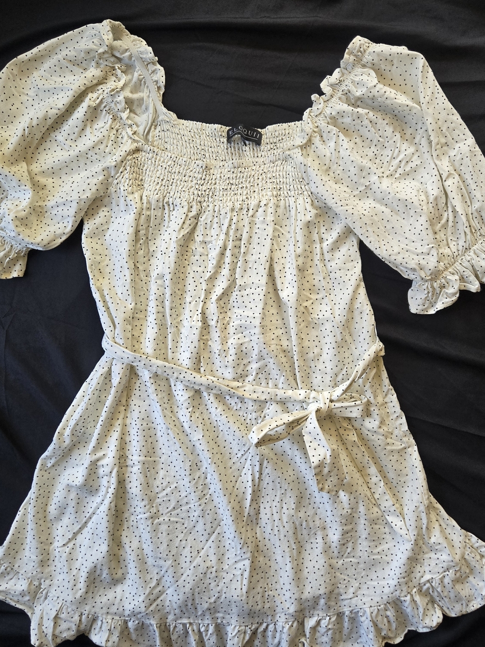 Eloquii Lunen Blend Polka Dot Smocked Waist Mini Dress - Puff Sleeves Size 14/16
